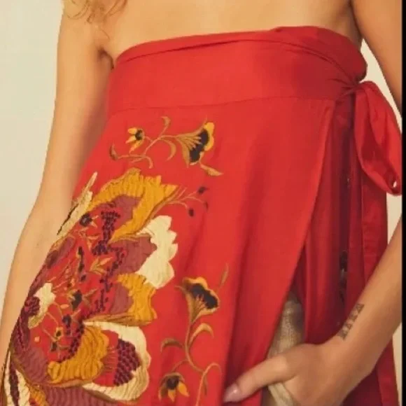 Free People Maxi Evening Embroidered Tube M & XL Red Floral Strapless Sarong Top - Picture 2 of 8